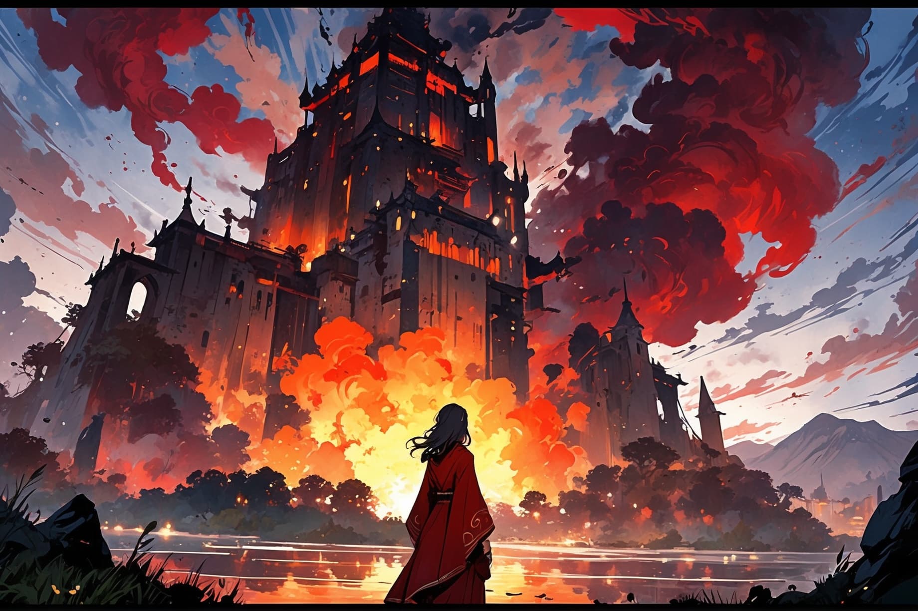 AI generated: A mesmerizing watercolor impressionist masterpiece featuring a fiery red color palette that envelops...