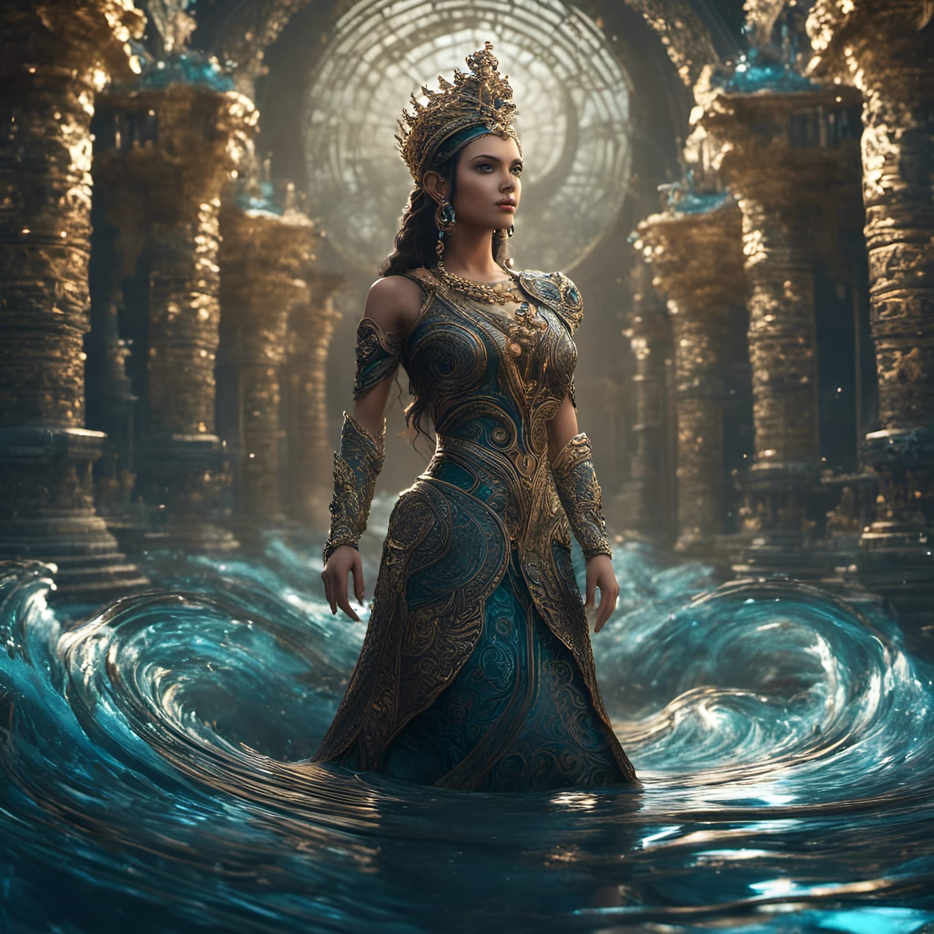 AI generated: A Queen in the middle of spiraling waters at an amphibian water temple, intricate details, full body...