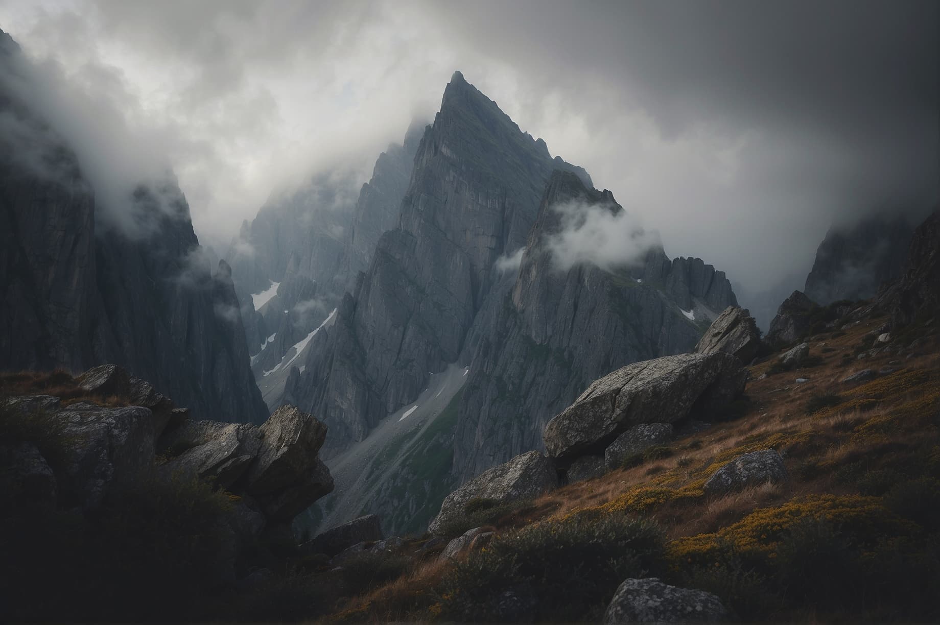 AI generated: A dramatic mountain peak, shrouded in mist and mystery. The jagged edges of the rocks and the swirli...