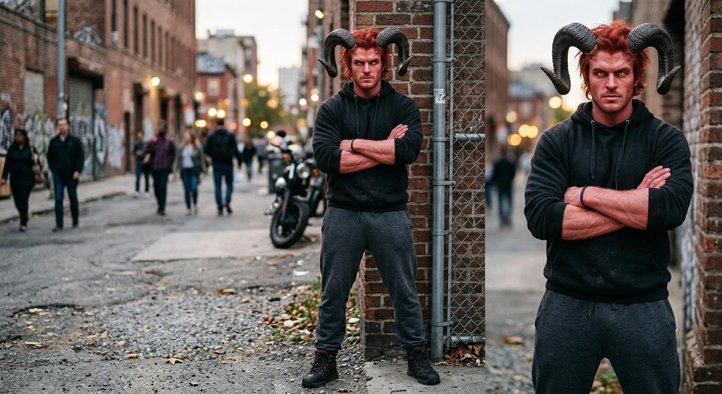 AI generated: A muscular attractive man with light red skin and red hair with yellow eyes with a black hoodies wit...