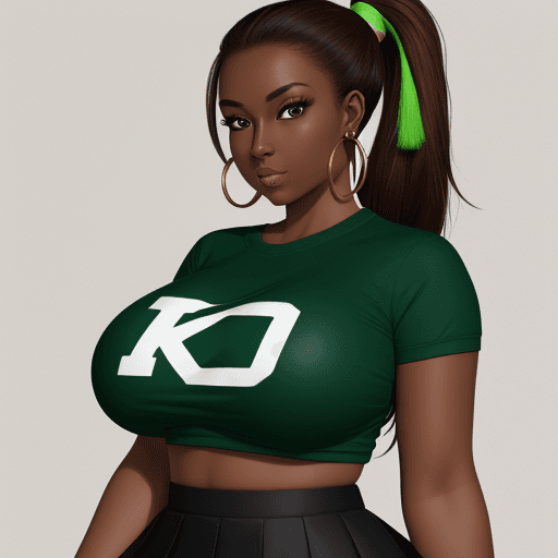 AI generated: pandad, brown hair, dark skin, green eyes, huge breasts, two tone hair, hoop earrings, single ponyta...