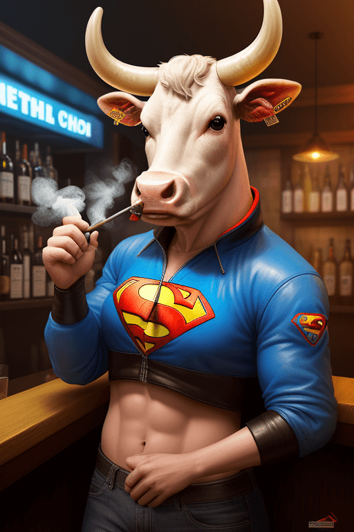 AI generated: A cow is smoking in a bar, hyperrealistic futuristic cow wearing superman jacket, , 8k, artstation
