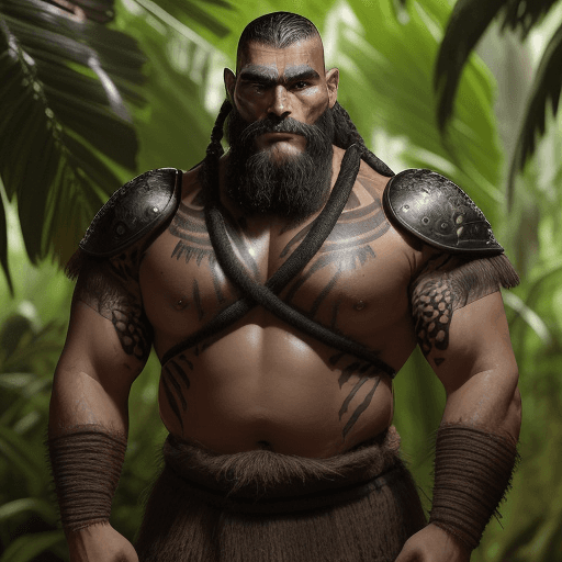 AI generated: El guerrero de la selva amazónica is a muscular and robust man, with pronounced facial features and ...