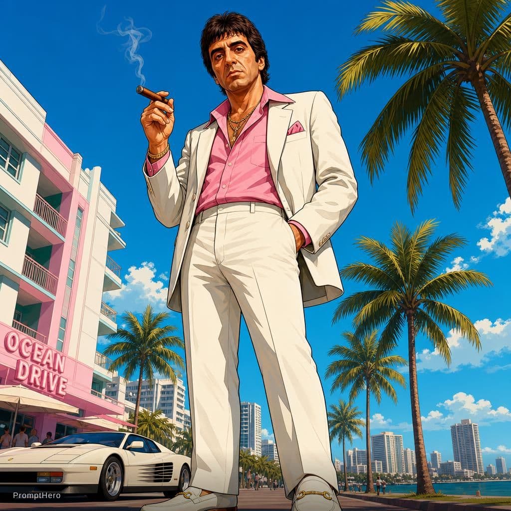 AI generated: Full-body illustration of Al Pacino in a stylized 1980s Miami setting. He's wearing a pink wide-coll...