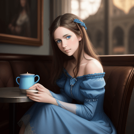 AI generated: beautiful brunette woman looking down,in a blue dress, ice blue eyes, in the style of baroque compos...