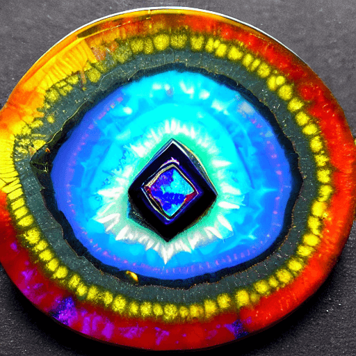 AI generated: rainbow gemstone, translucent shell, inner bioluminescence, Dark-blue light-blue black golden white,...