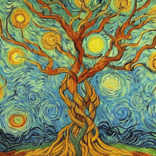 AI generated: The tree of knowledge, connecting to heaven and the underworld, and the tree of life, connecting all...