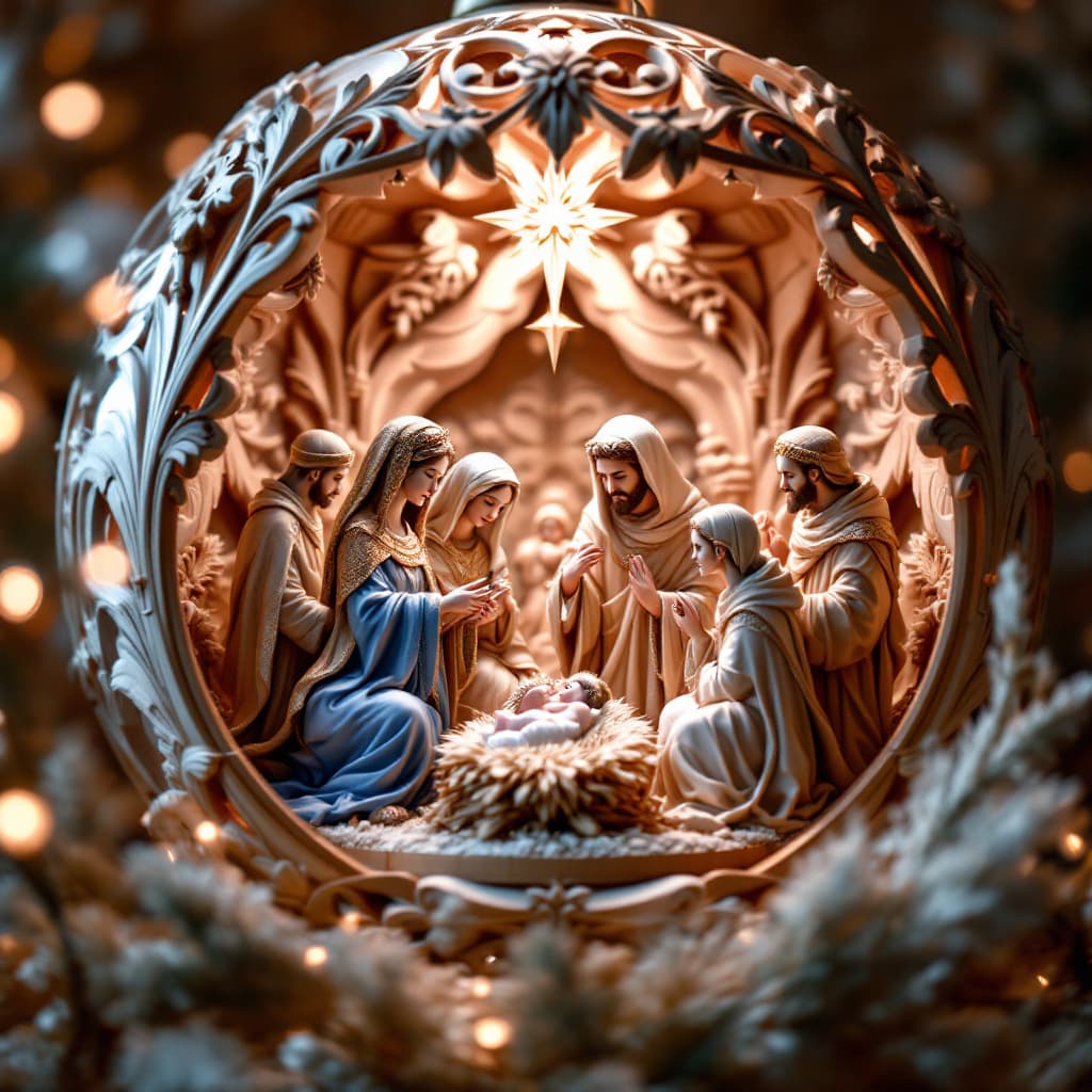 AI generated: magical and dreamy composition of a detailed carved wooden Nativity scene, within a spherical orname...