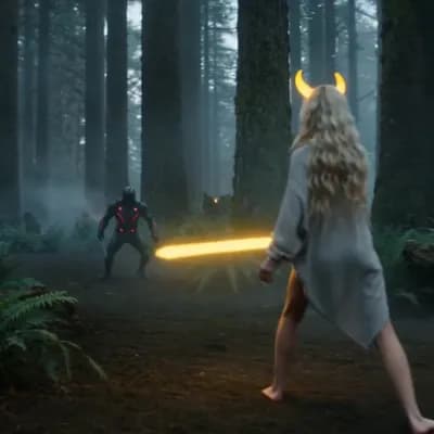 AI generated video: Make the characters from [Image1 and a black cyborg Image2 fight with swords Setting: Alien planet f...