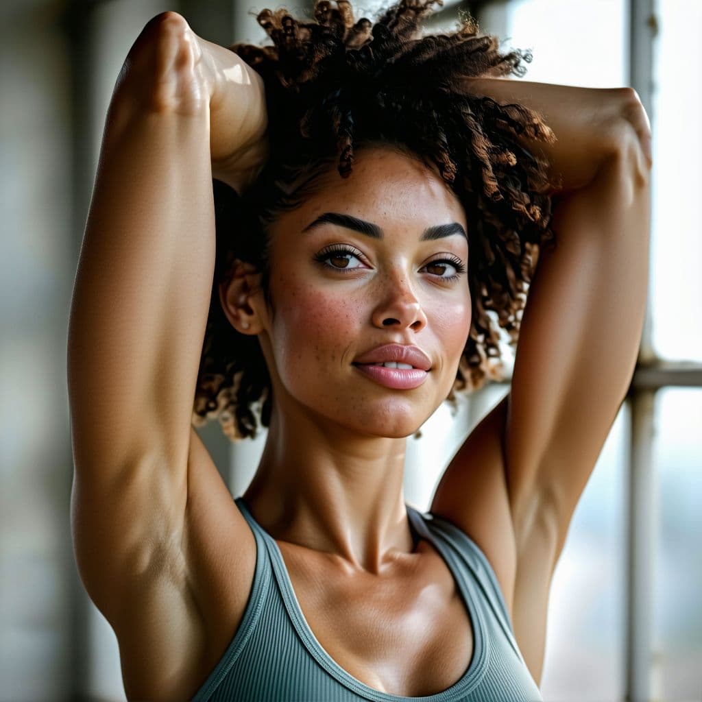 AI generated: Photo of a ultra realistic female, arms up over head, in tank top, close up 8k, hyper realistic, foc...