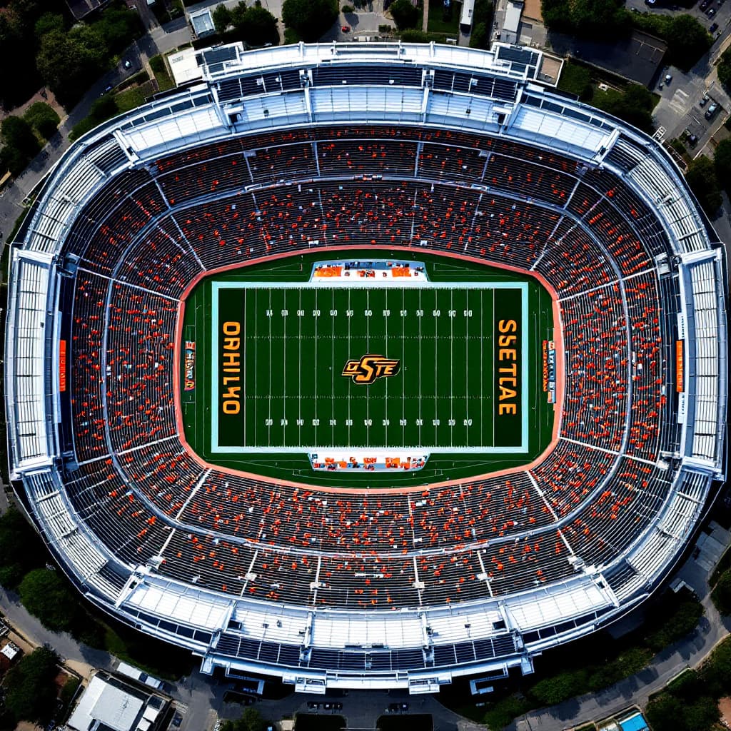 AI generated: “A top-down drone view of Oklahoma State Stadium with spectators, green football field in perfect sy...