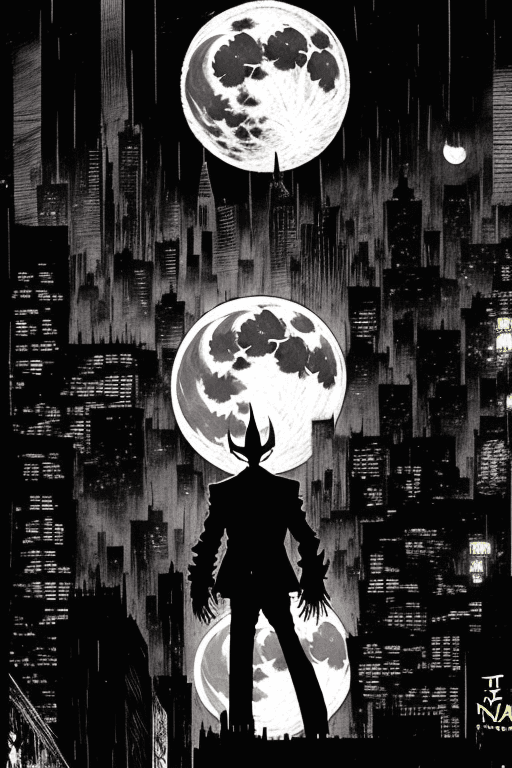 AI generated: the joker, background Gotham city, full moon, tall buildings with lights, The Joker by Tsutomu Nihei...