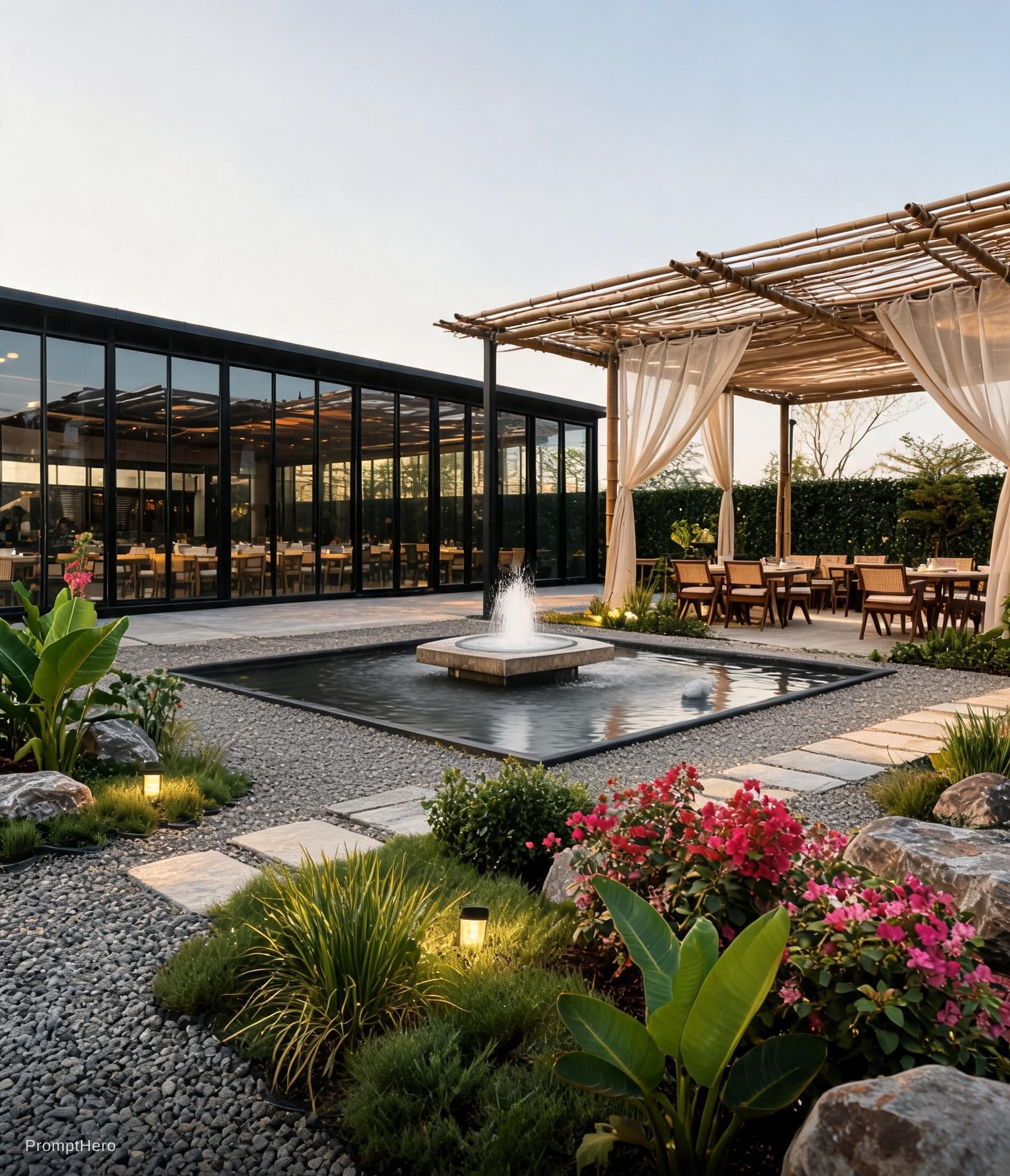 AI generated: Create an image of garden restaurant with glass and steel structure with lots of greenery and colorf...