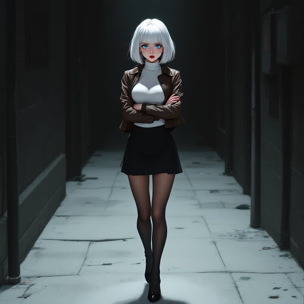 AI generated: anime, woman, white hair, bob cut, blue eyes, freckles, red lips, white turtle neck sweater, tight t...
