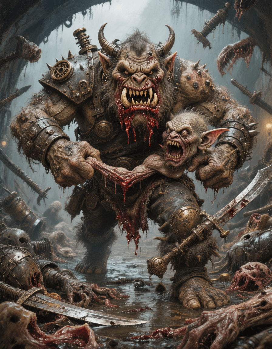 AI generated: Create a fight between a grotesque steampunk Orc with long snarling twisted teeth, dripping blood, s...