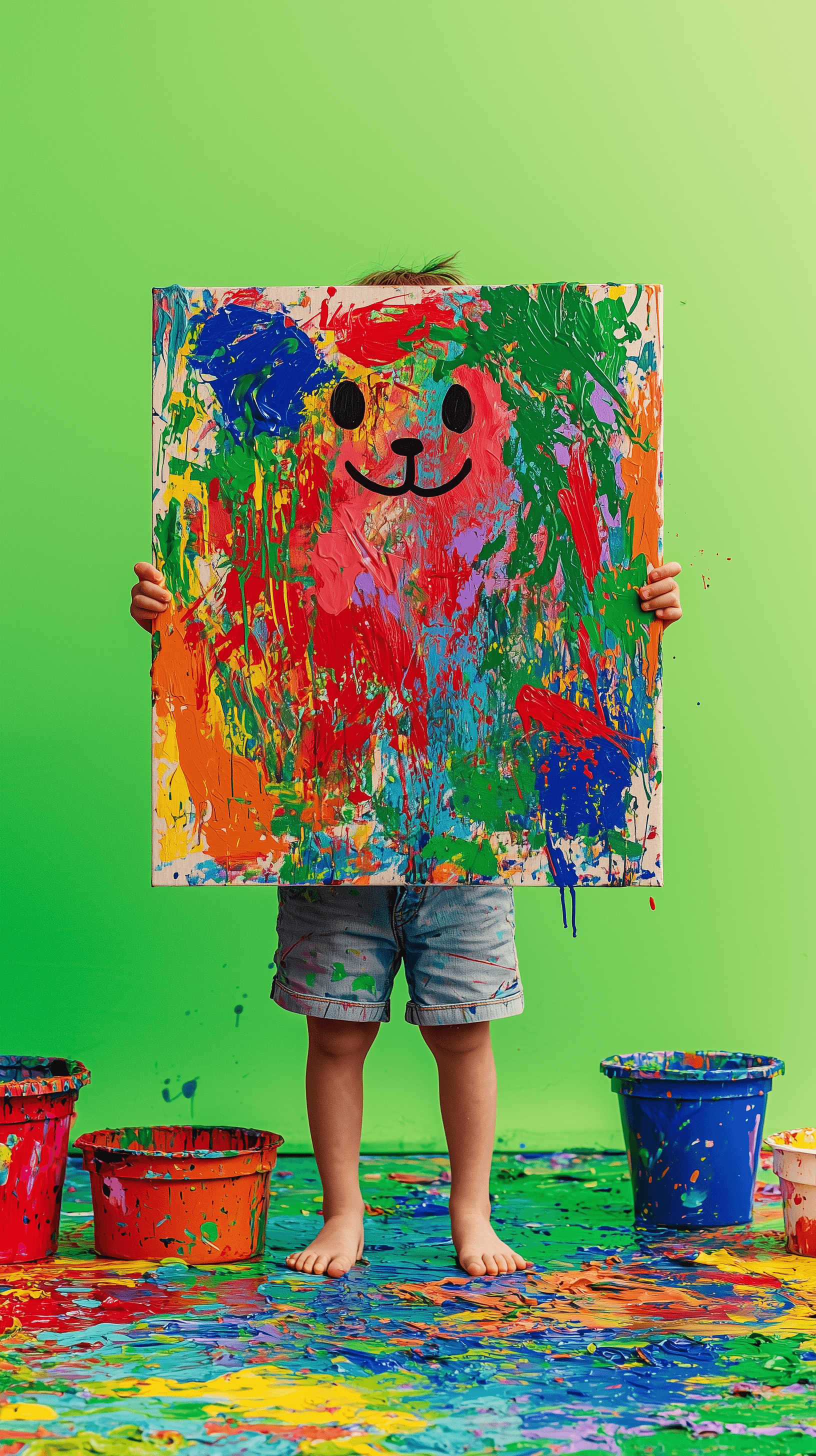 AI generated: vibrant cute animal painting by a child, full body shot, animal painting is very cute, toddler holdi...