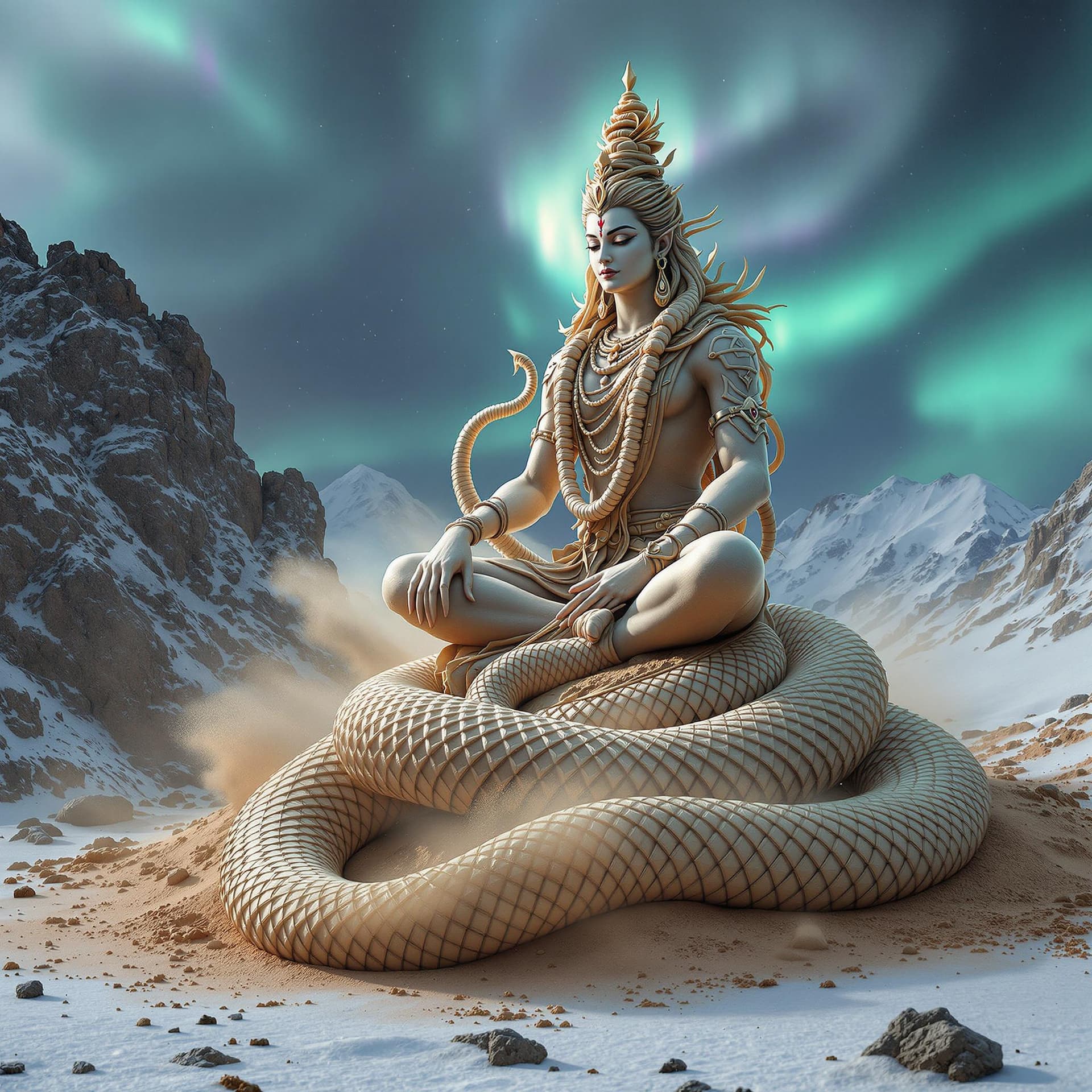 AI generated: A arctic Elves cobra around a dust and Storm a 3D render of an abstract sculpture of a full body Lor...