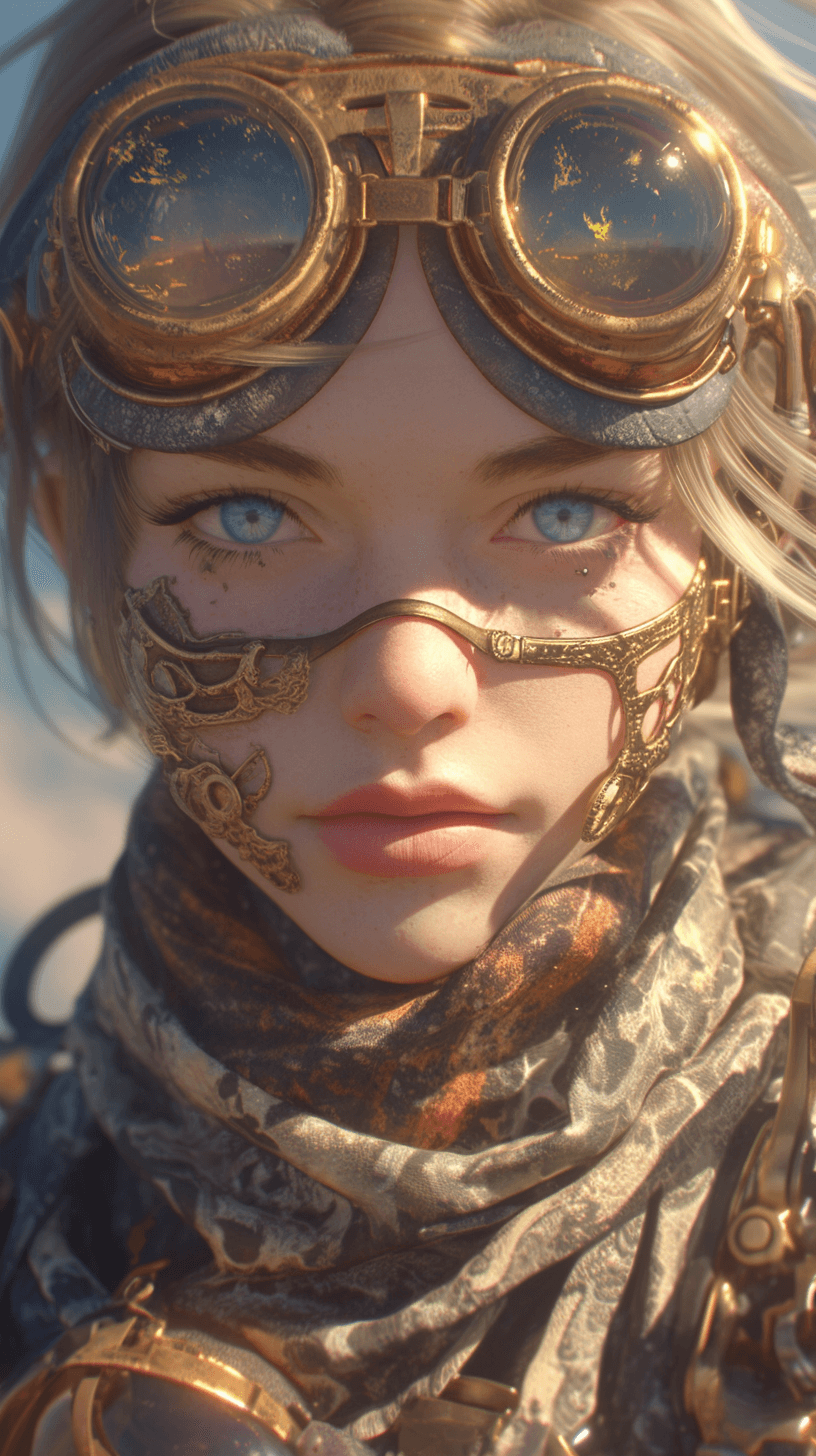 AI generated: A close up steampunk adventurer with goggles and a jetpack, exploring a mystical city. The adventure...