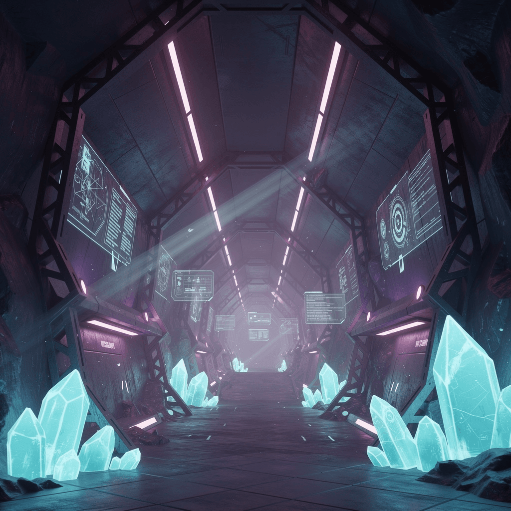 AI generated: digital mine corridor becoming more technological, navy to purple gradient walls, 
brighter cyan cry...