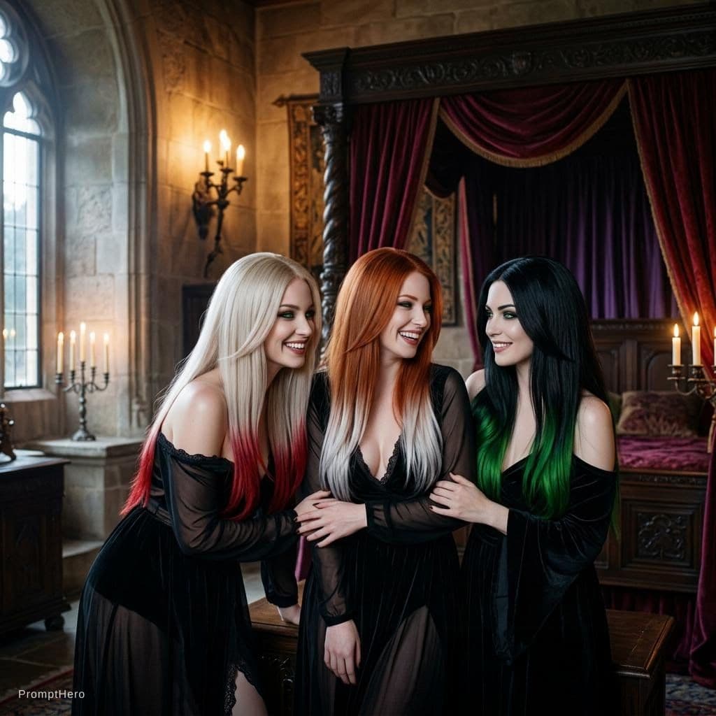AI generated: Dreamy sensual and playful dark vampire scene in a grand medieval bedroom at night, three beautiful ...