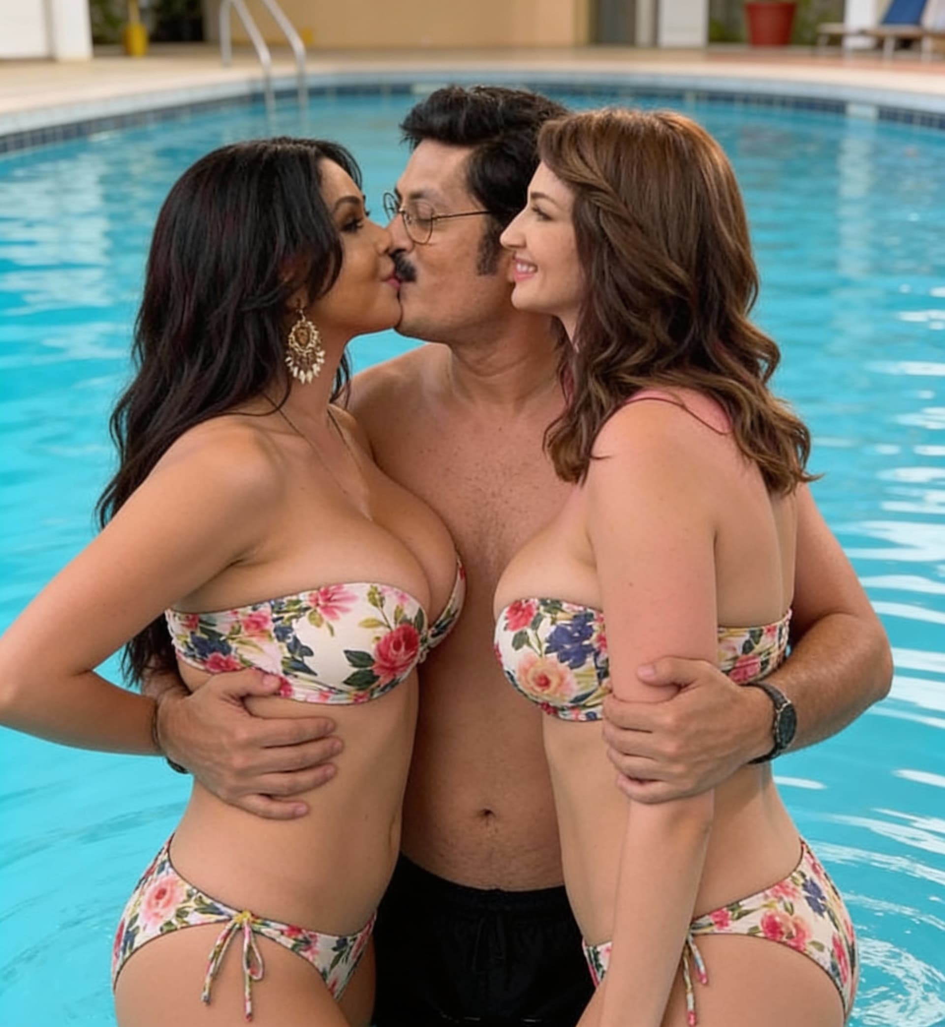 AI generated: The man lifting both women on his arms and kissing the lips