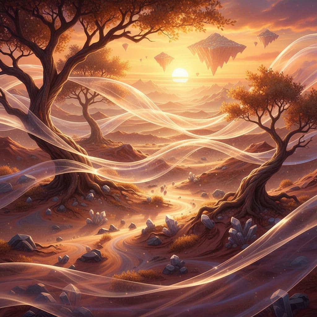 AI generated: gusts as glowing ribbons visualized as holographic waves in a luminous and hopeful tone, rendered in...