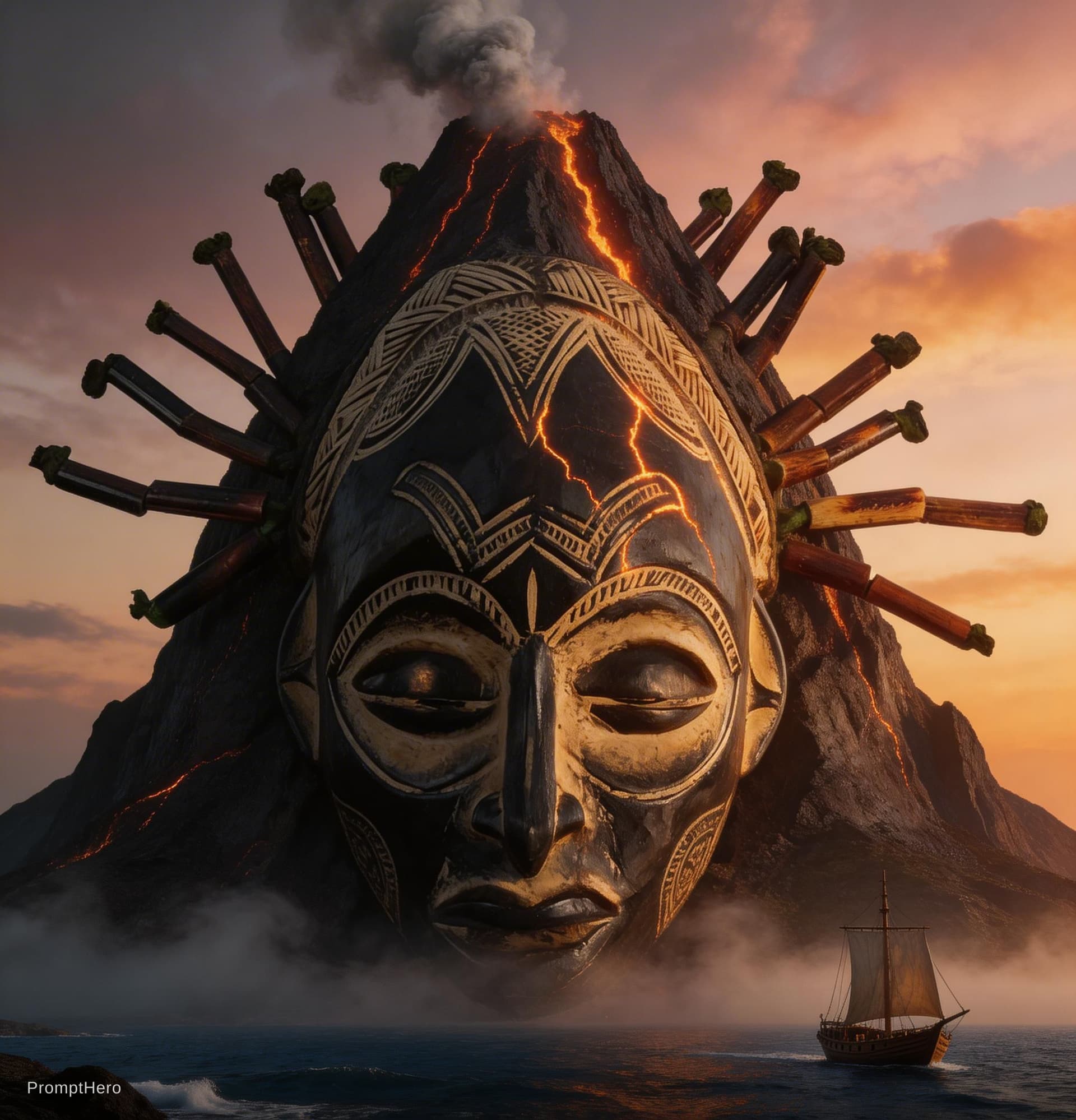 AI generated: a massive ancient african tribal mask carved into a volcanic mountain, highly detailed, subtle glowi...
