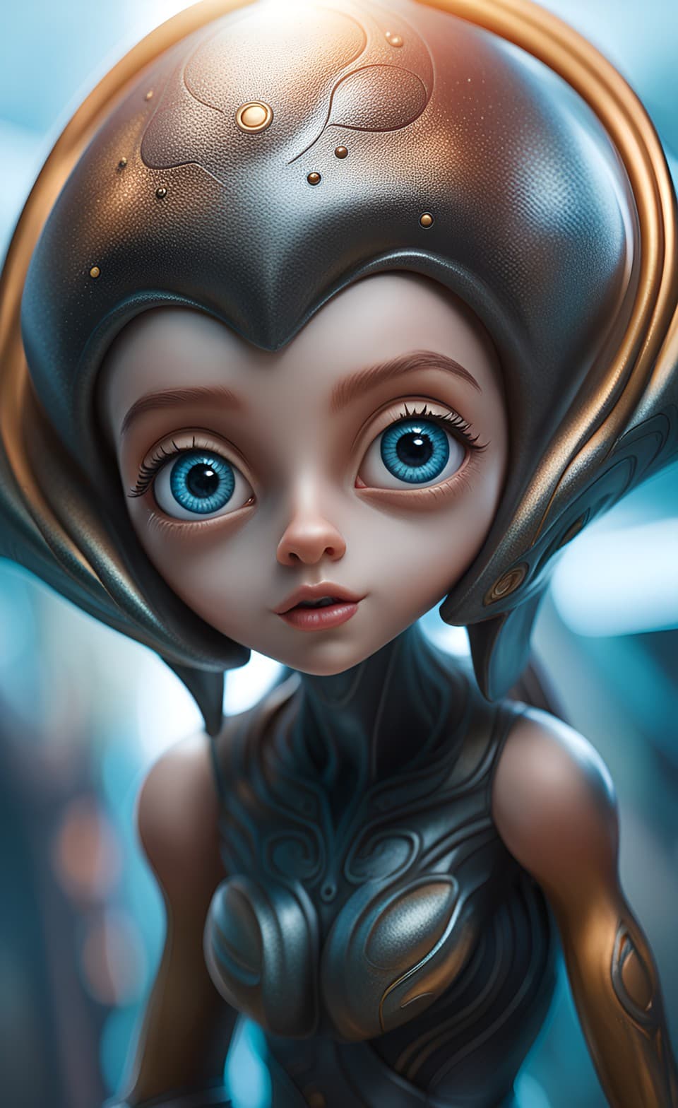 AI generated: A 3d highly detailed full portrait of a young alien humanoid with an elongated head and big, almond-...