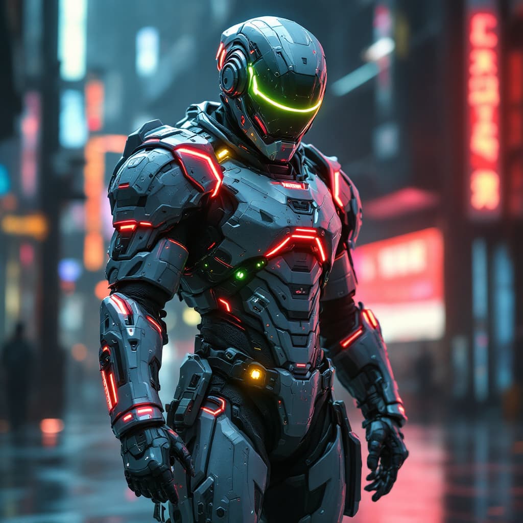 AI generated: A futuristic warrior in a cyberpunk style, with neon lighting, featuring a high-tech armored suit