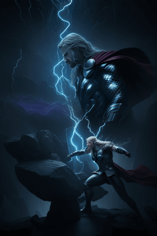 AI generated: An intense confrontation between Thor and the Shadow Weaver, with dramatic lighting effects and swir...