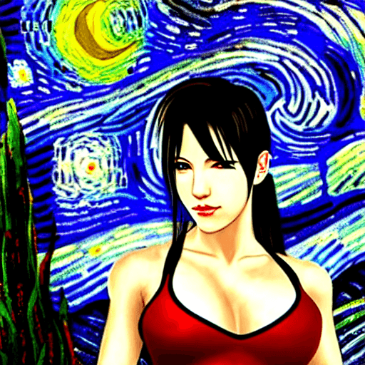 AI generated: tifa lockheart, fine detail, starry night background,  painted by vincent van gogh