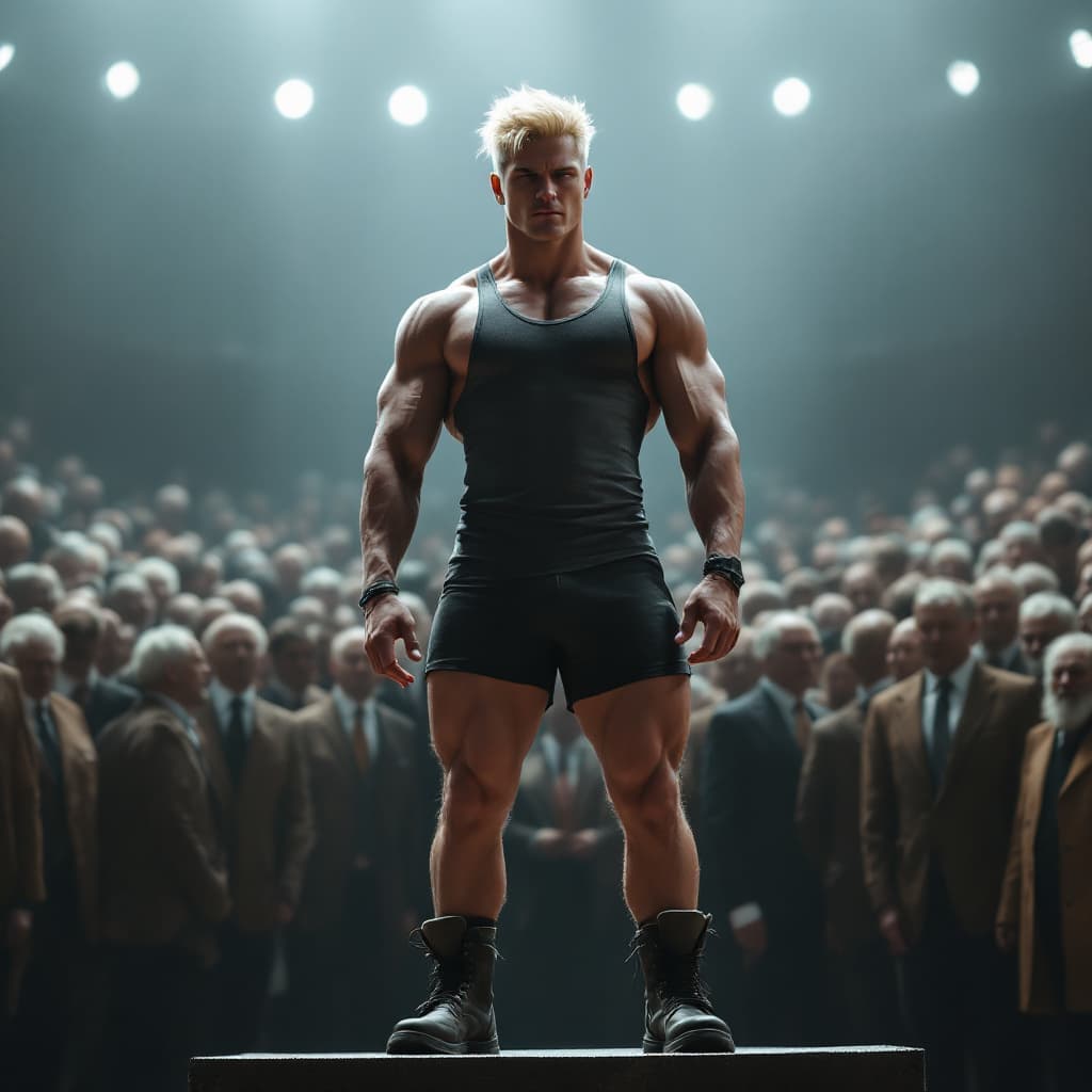 AI generated: high-resolution photo of extremely muscular, handsome young man with platinum blonde hair wearing ex...