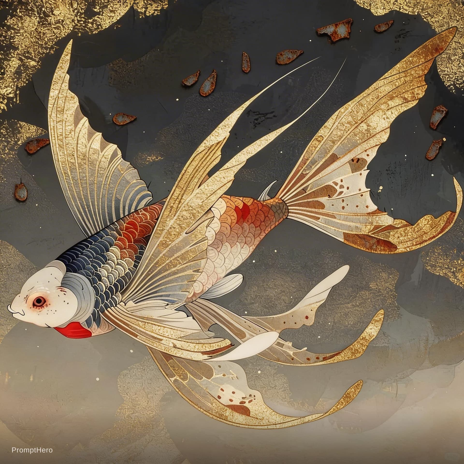 AI generated: 一幅文鳐鱼的抽象画， 采用金箔叠加风格，Criterion 收藏，特写，浪漫插图，巴米勒克艺术，生锈的碎片，——AR 9：16 --V 5。2
