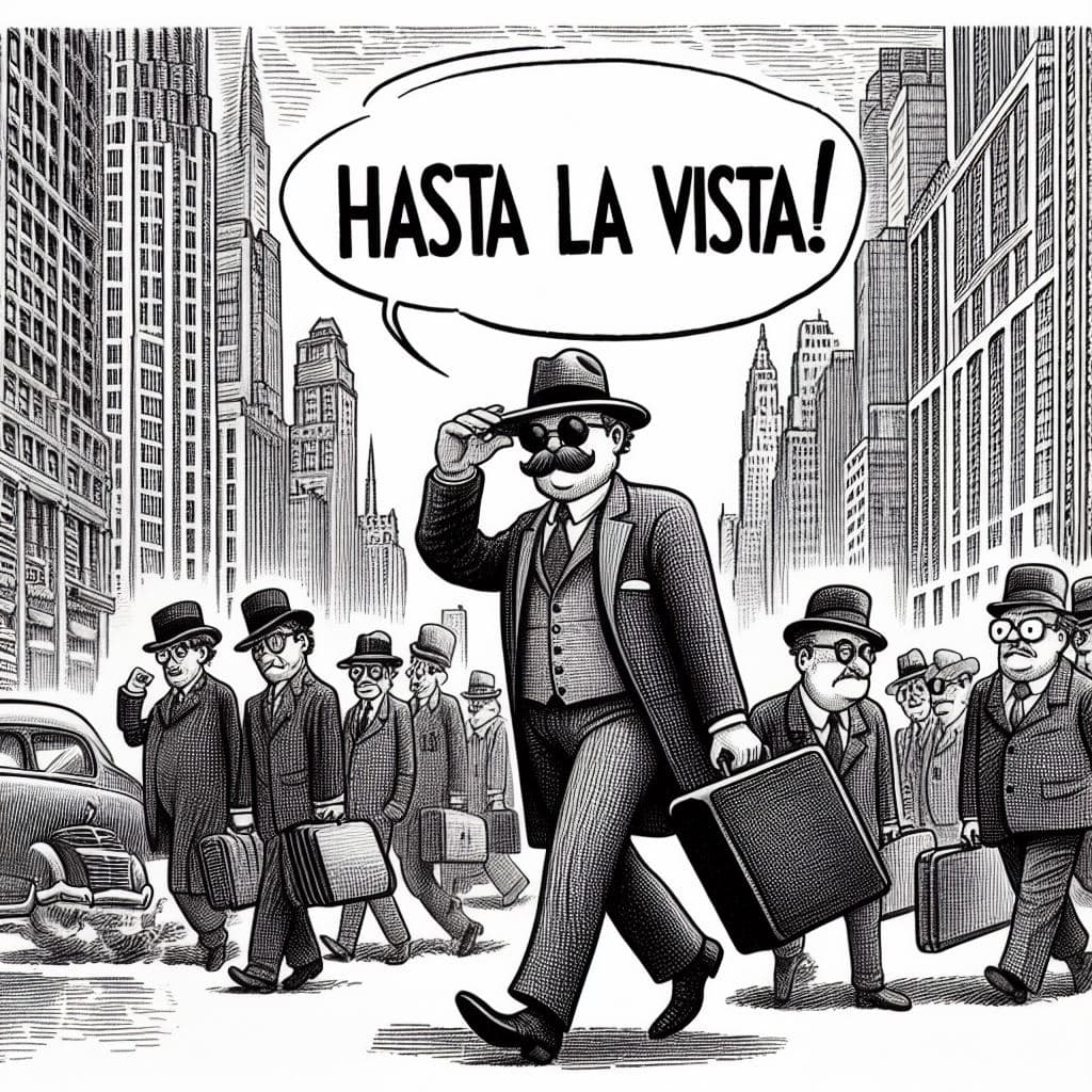 AI generated: A New Yorker cartoon that illustrates the phrase "Hasta la vista!"