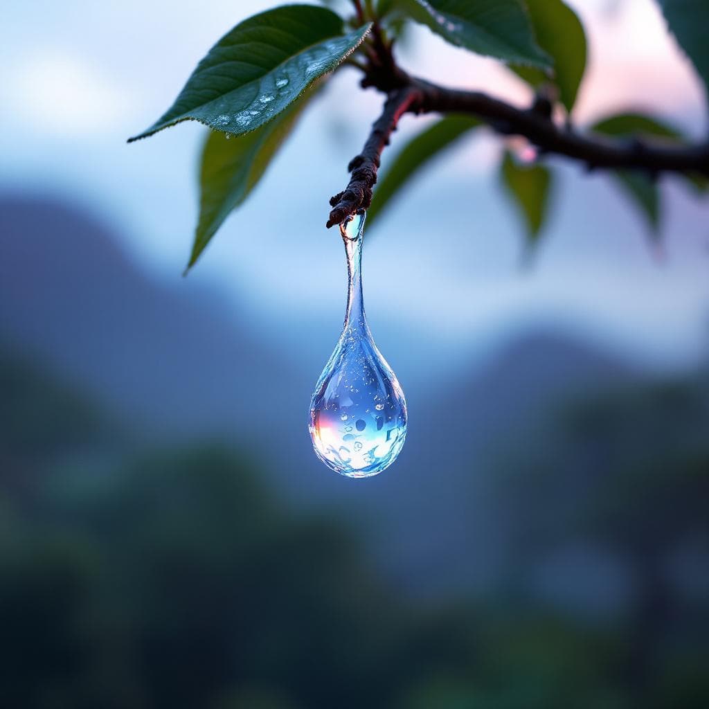 AI generated: A delicate opal water drop hanging from a mango tree branch  in the early morning light, decorated w...