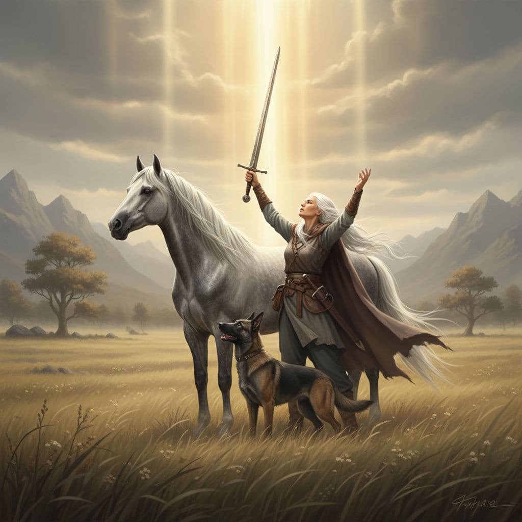 AI generated: old woman, standing, wearing belted tunic, one sword raised, other arm raised, looking up, eyes clos...