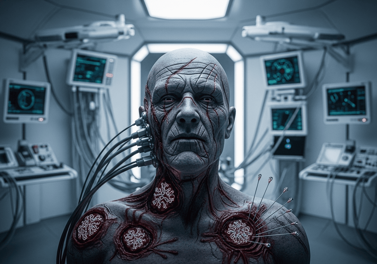 AI generated: In the distant future we see a grey old face, deep scars, a wizened body, deep wounds, wires, monito...
