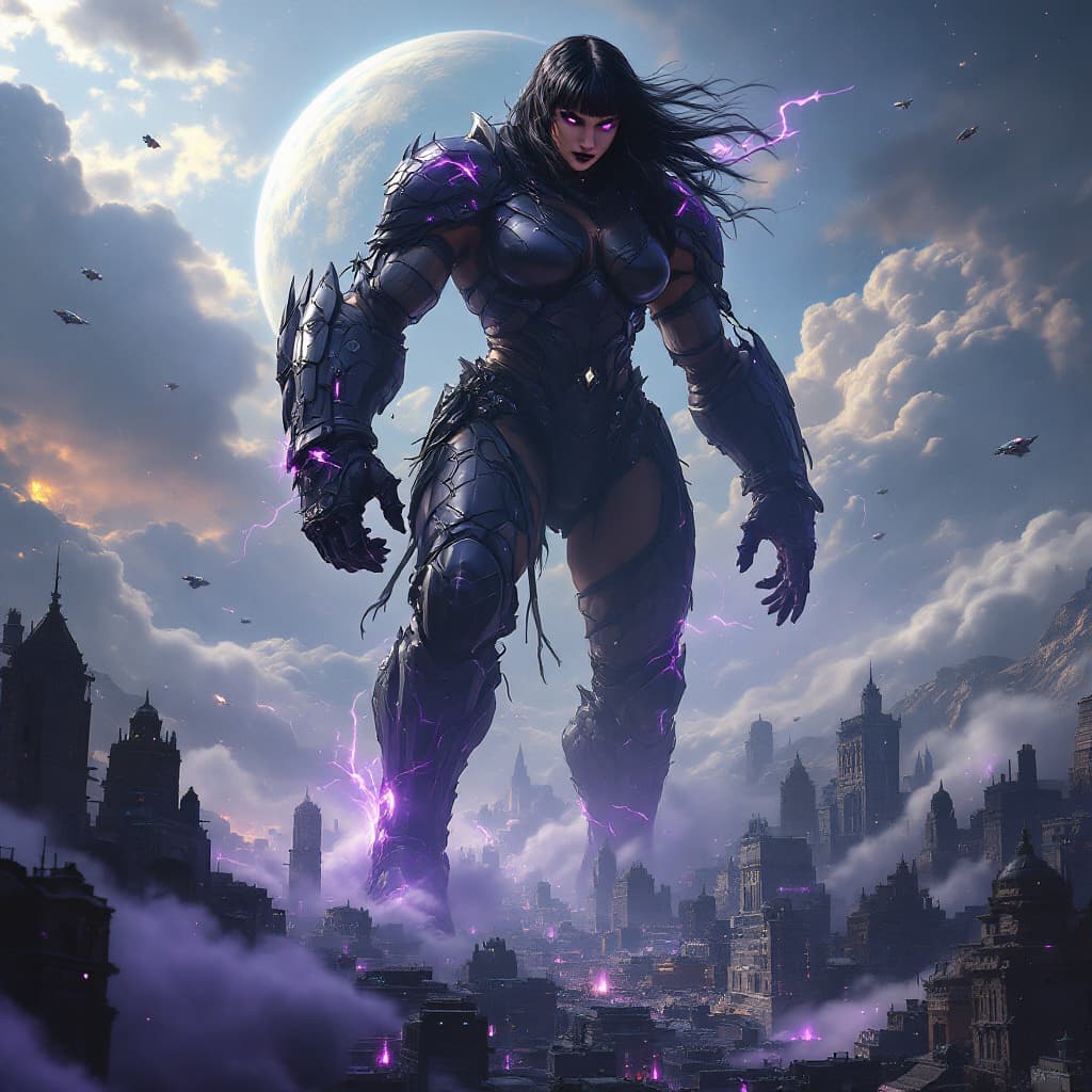 AI generated: truly enormous giantess female Rhea Ripley from WWE with black medium length hair and straight bangs...