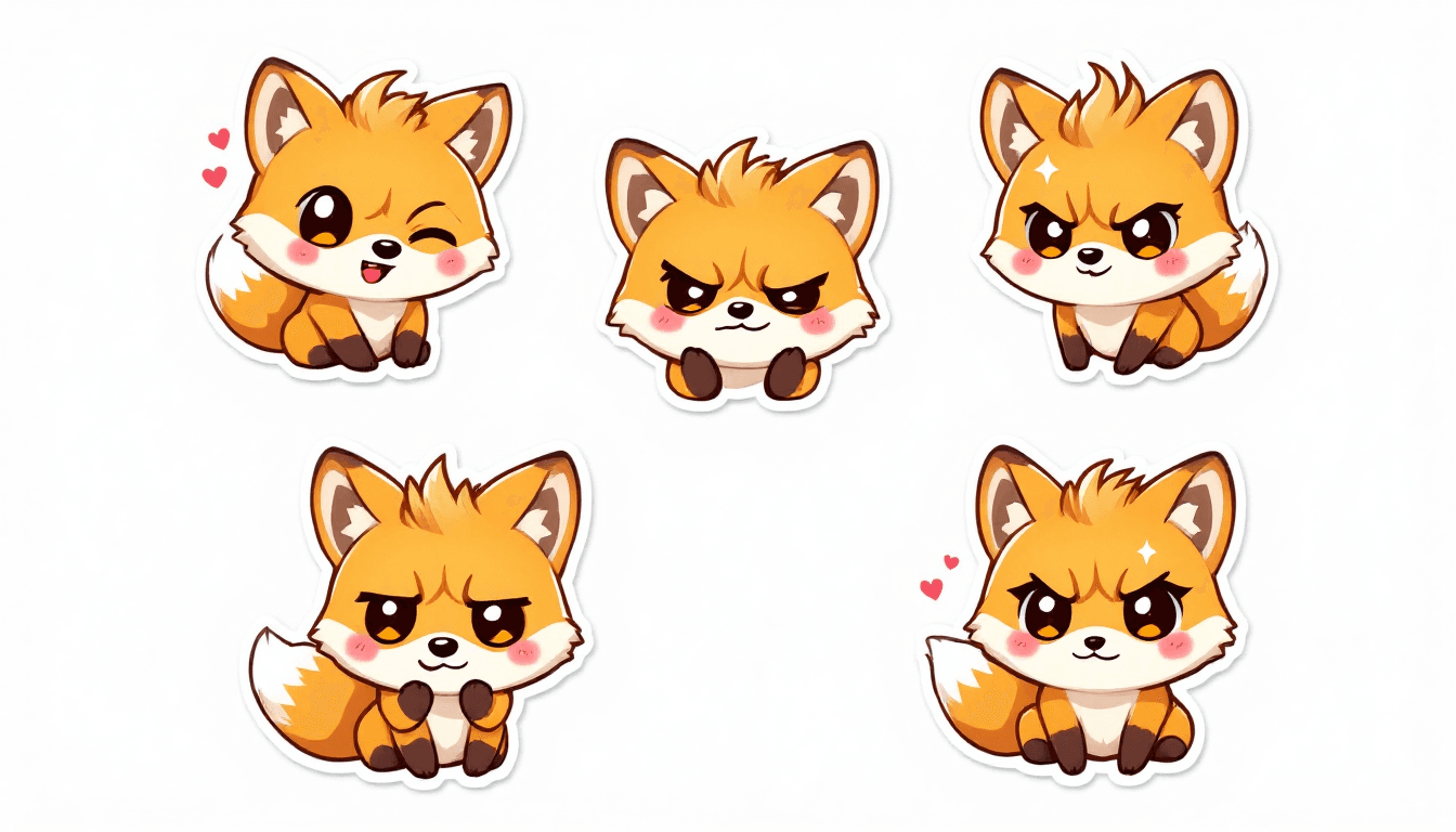 AI generated: "A set of five adorable chibi-style fox emojis, each featuring a small, fluffy orange fox with big s...