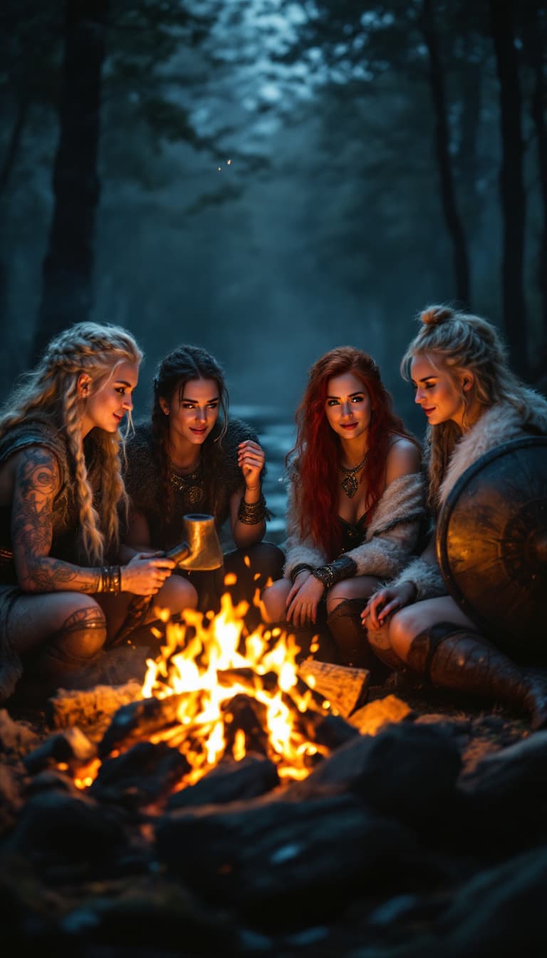 AI generated: Four Viking women sitting together around a roaring campfire in a dark forest clearing, their braide...