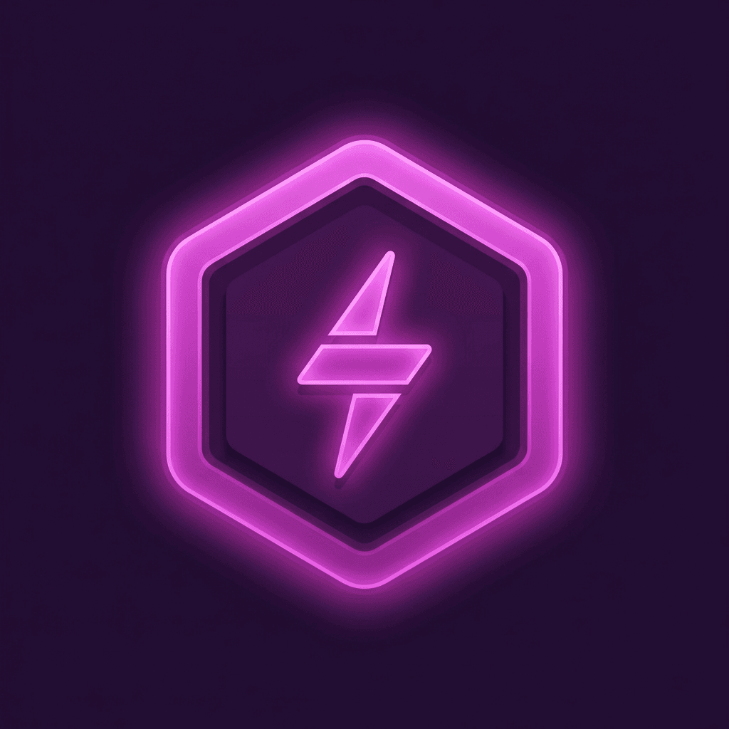 AI generated: glowing geometric hexagon icon, magenta #D946A8 dominant color, dark purple background, 
lightning b...