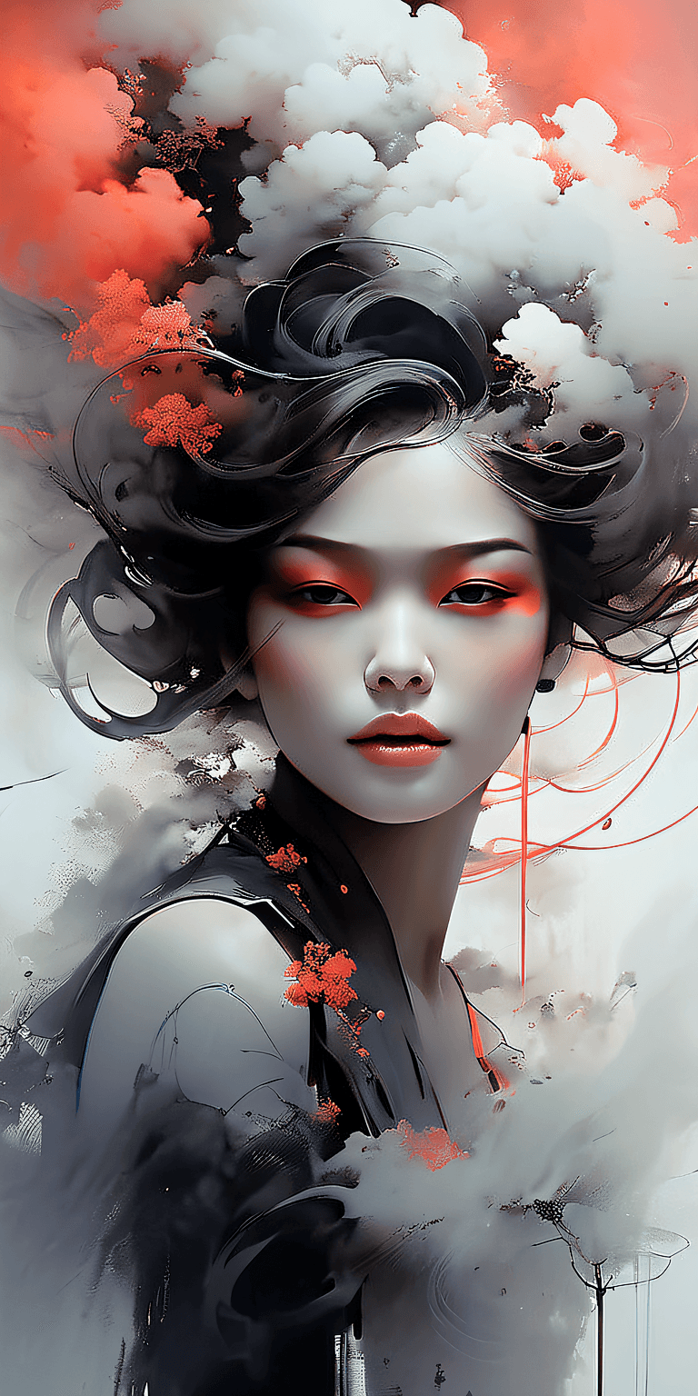 AI generated: portrait of a woman covered in cloud of smoke, whirlwind, coral highlight colors, coral make-up, hin...