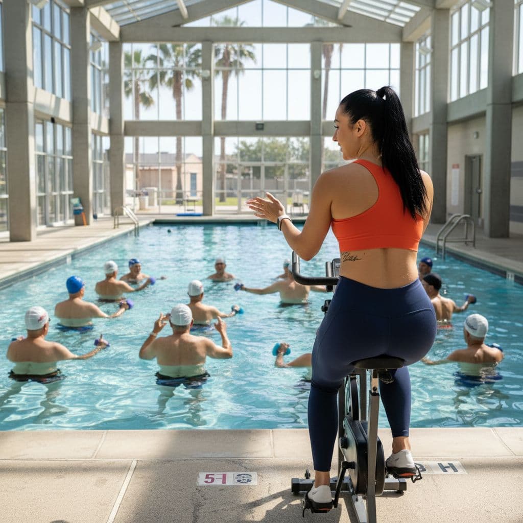 AI generated: A gorgeous fit 26 beautiful year old white girl FACING THE CAMERA AT OPPOSITE  END OF THE POOL AS TH...