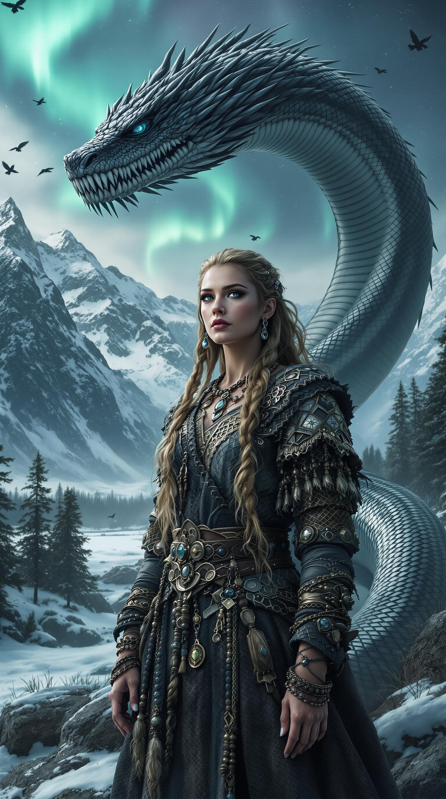AI generated: full body shot, hyper-realistic, A beautiful ancient Norse woman stands tall and proud, her striking...