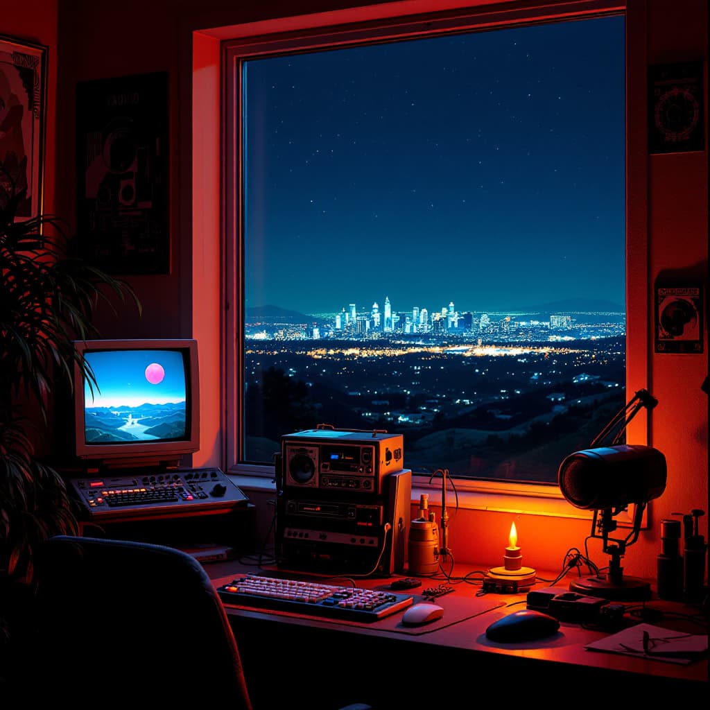 AI generated: A 1990's PC setup in a room. In the window you can see Los Angeles at night from a hill. Dos microfo...