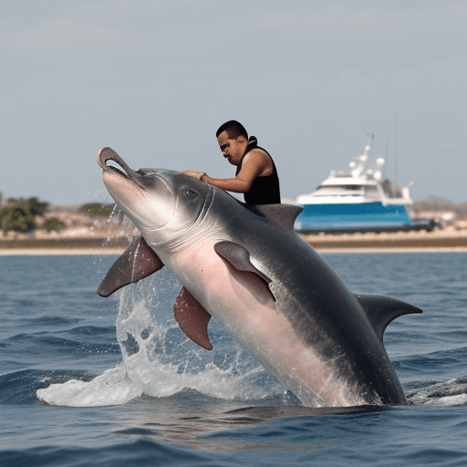 AI generated: delfin rosado saltando en el mar junto a un bote con personas
