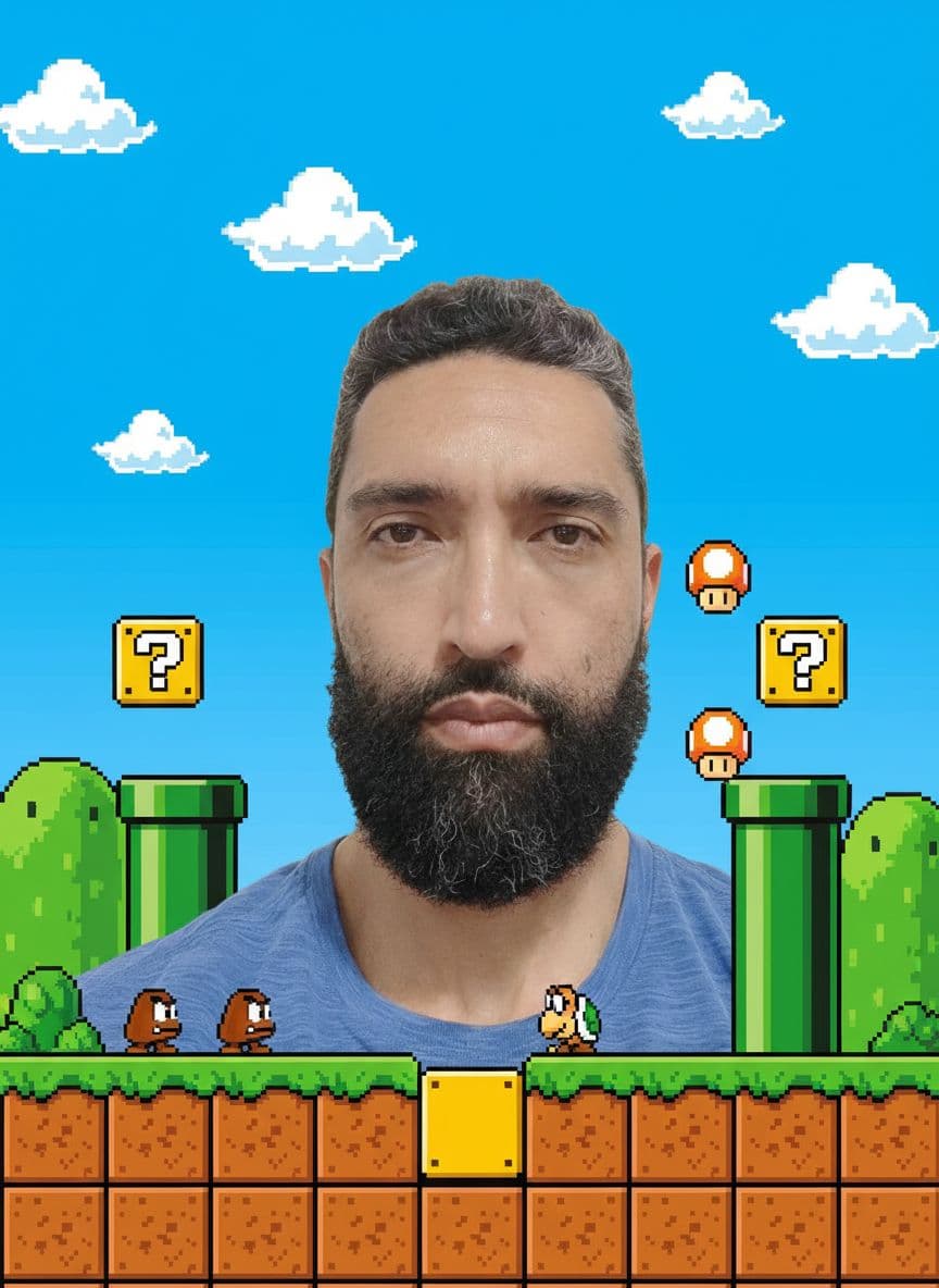 AI generated: Place him on Super Mario scenario
