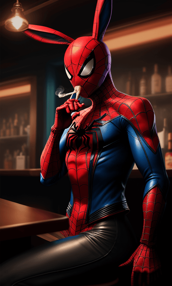 AI generated: A rabbit is smoking in a bar, hyperrealistic futuristic,wearing spiderman jacket, 8k, artstation