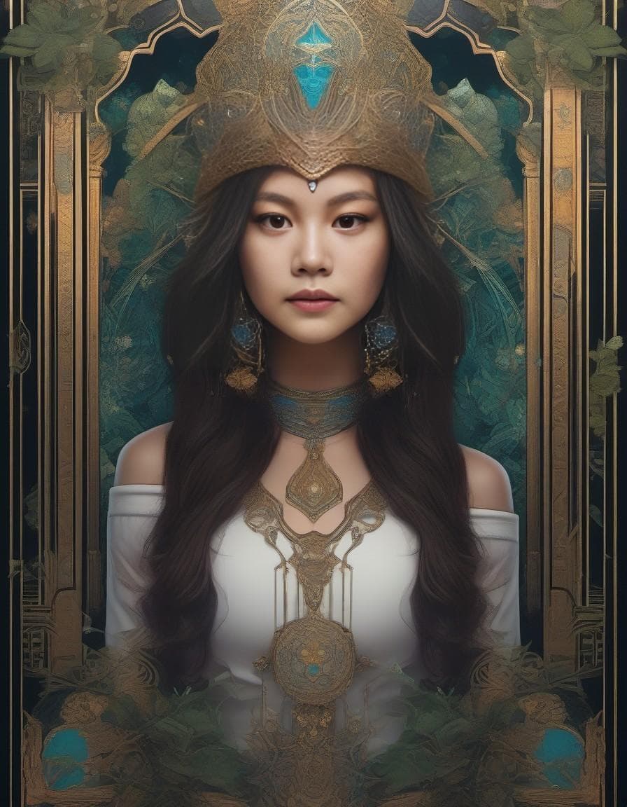 AI generated: tarot card with intricate detailed frame around the outside, portrait of cyberpunk head with jester ...