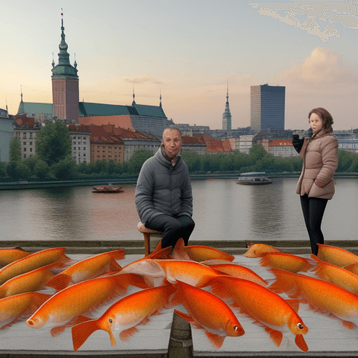 AI generated: crucian carps with legs and human faces standing on the ground. eating stool from the plate. Warsaw ...